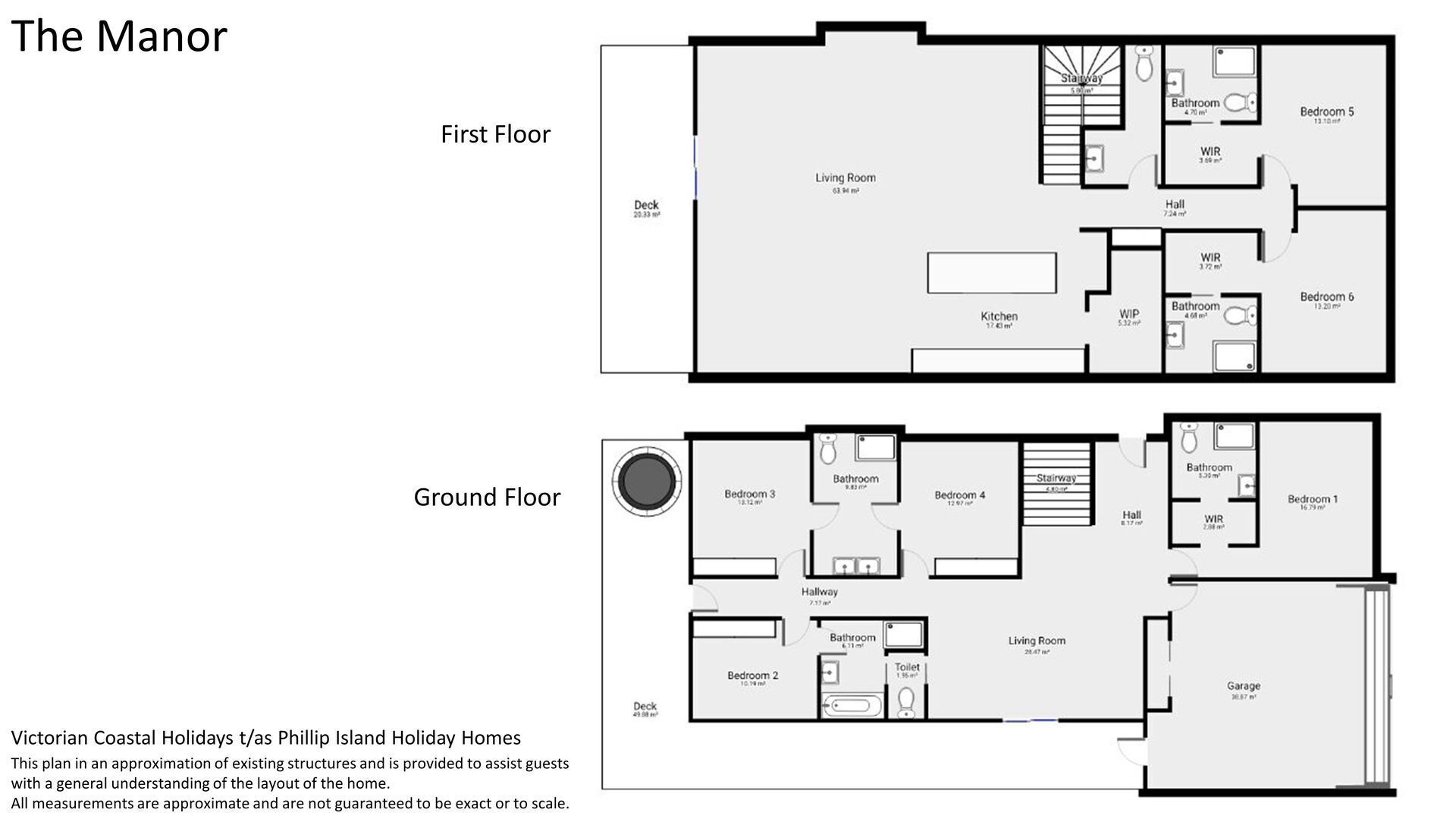 A floor plan of The Manor, including first and ground floors with living rooms, bedrooms, a kitchen, bathrooms, a garage, and a deck.