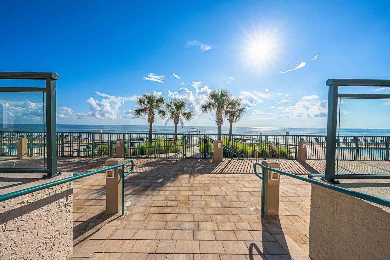 A paved walkway leading to a beach with palm trees, a clear sky, and the sun shining.