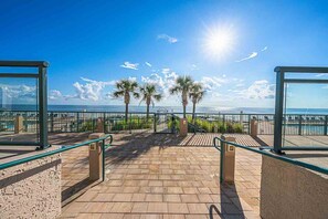 A paved walkway leading to a beach with palm trees, a clear sky, and the sun shining.