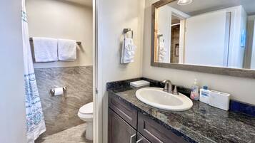 Dusch, hårtork, handdukar och tvål