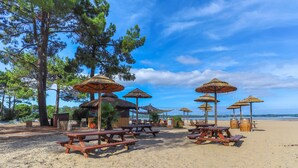 A beach with wooden picnic tables and thatched umbrellas, surrounded by pine trees.
