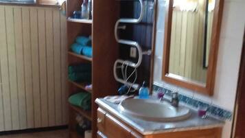 Shower, hair dryer, towels