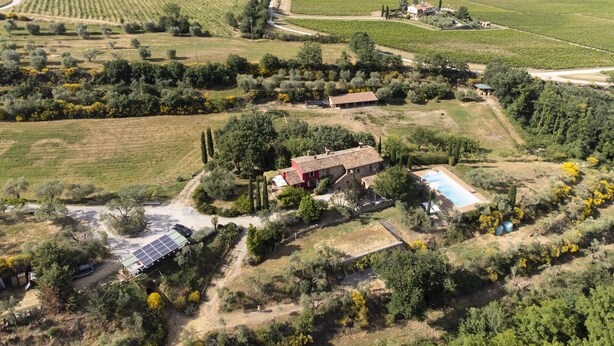 An aerial view of a rural property with vineyards, olive groves, and a red-roofed building with a swimming pool. - Eagle House (CHIANCIANO)