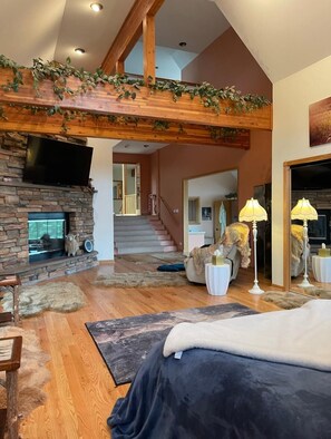 TV connectée, cheminée, lecteur de DVD, écrans d'ordinateur