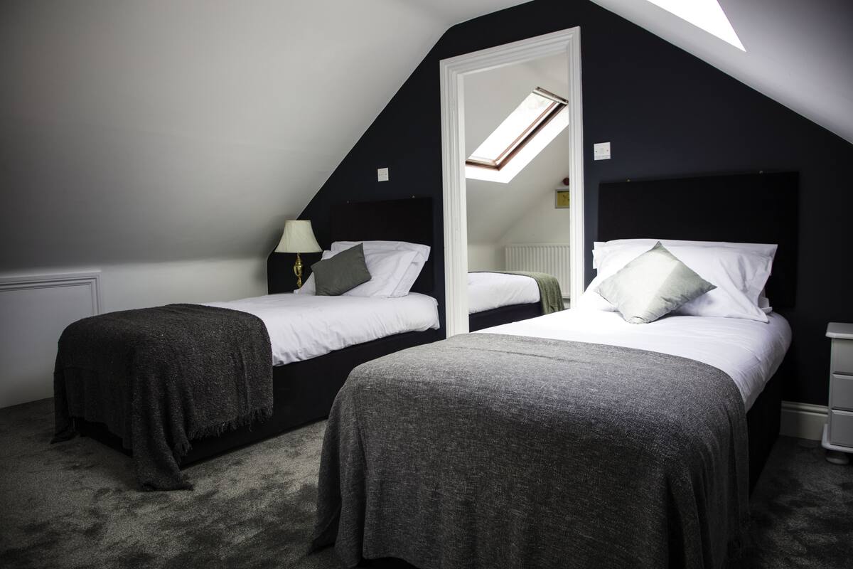 Ein Schlafzimmer mit zwei Betten, einem Oberlicht und einer Heizung.