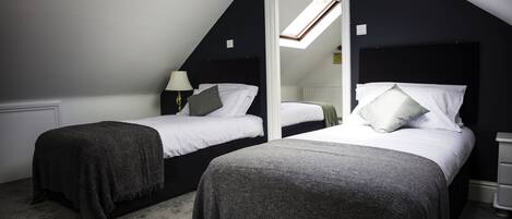A bedroom with two beds, a skylight, and a radiator.