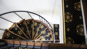 A spiral staircase with a black and gold patterned carpet.