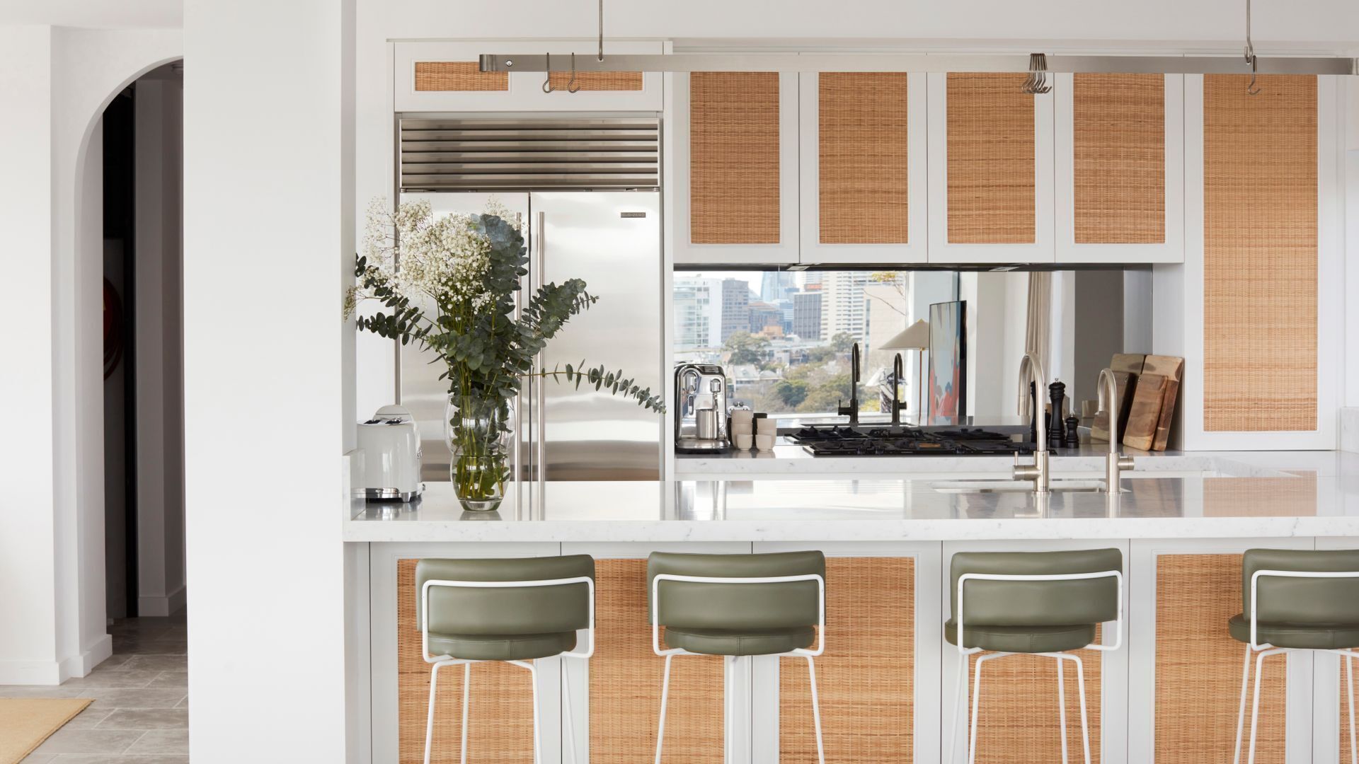 Fridge, stovetop, dishwasher, coffee/tea maker