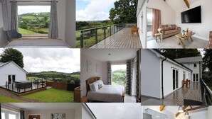 A hotel with a balcony, a bedroom with a large bed, a bathroom with a bathtub, and a kitchen area. - Luxury Accessible Holiday Home with Hot Tub & Views (Llansawel)