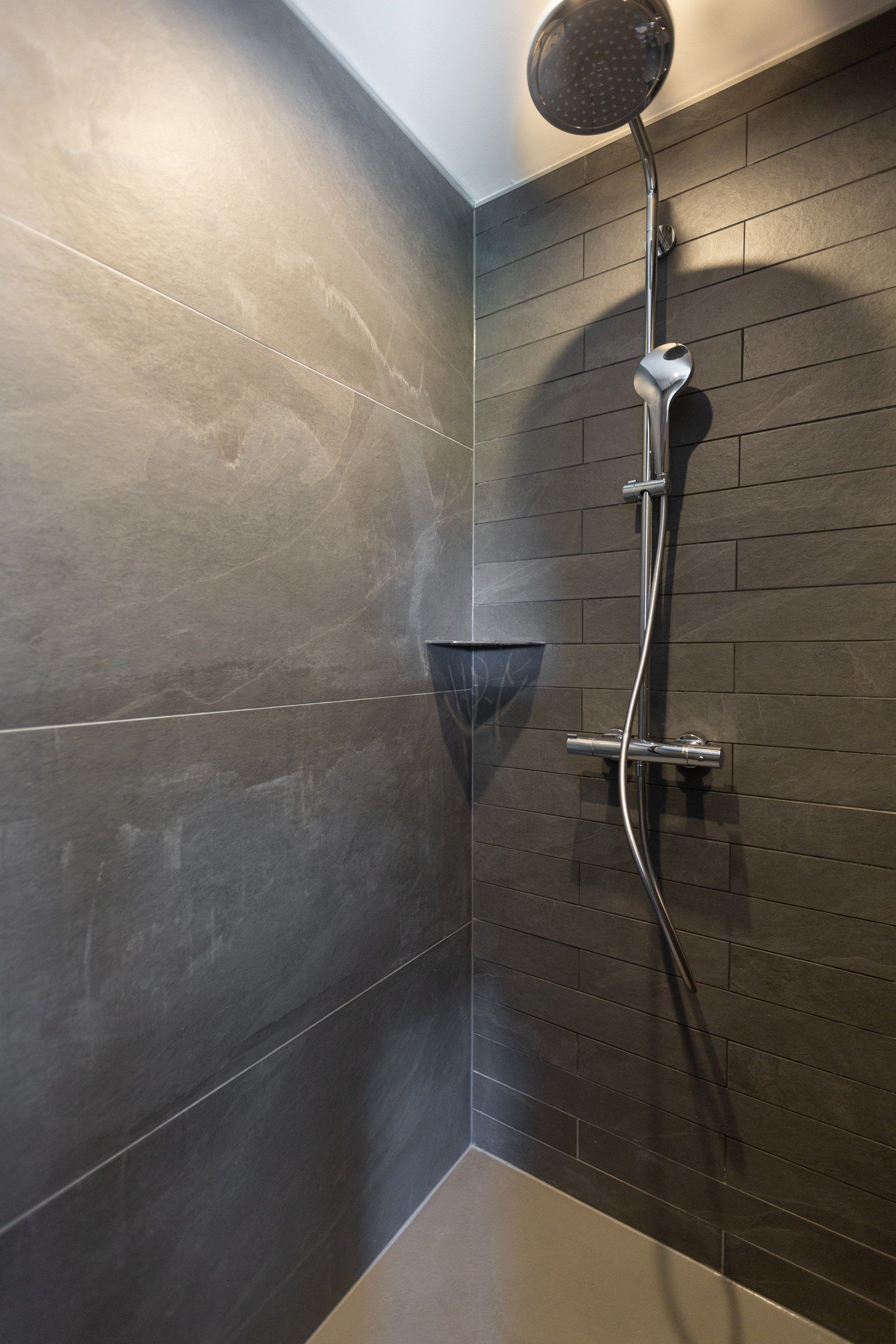A modern shower with a handheld showerhead and a wall-mounted control.