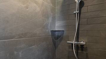 A modern shower with a handheld showerhead and a wall-mounted control.