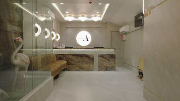 A hotel reception area with a marble reception desk, a sofa, and a glass wall with a swan decoration.