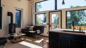 Una sala moderna con un sofá, una mesa de centro y una chimenea.