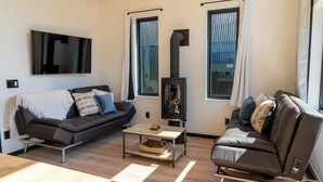 Una sala de estar moderna con un sofá, una mesa de centro, un televisor y una chimenea.