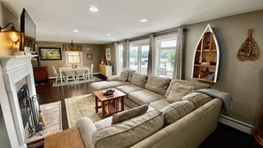 Smart TV, fireplace, books