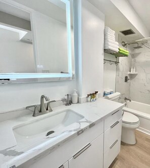 Chuveiro, secador de cabelo, toalhas de banho, papel higiênico