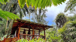 Una estructura rústica de madera con un porche cubierto, rodeada de exuberante vegetación tropical y un camino de grava.