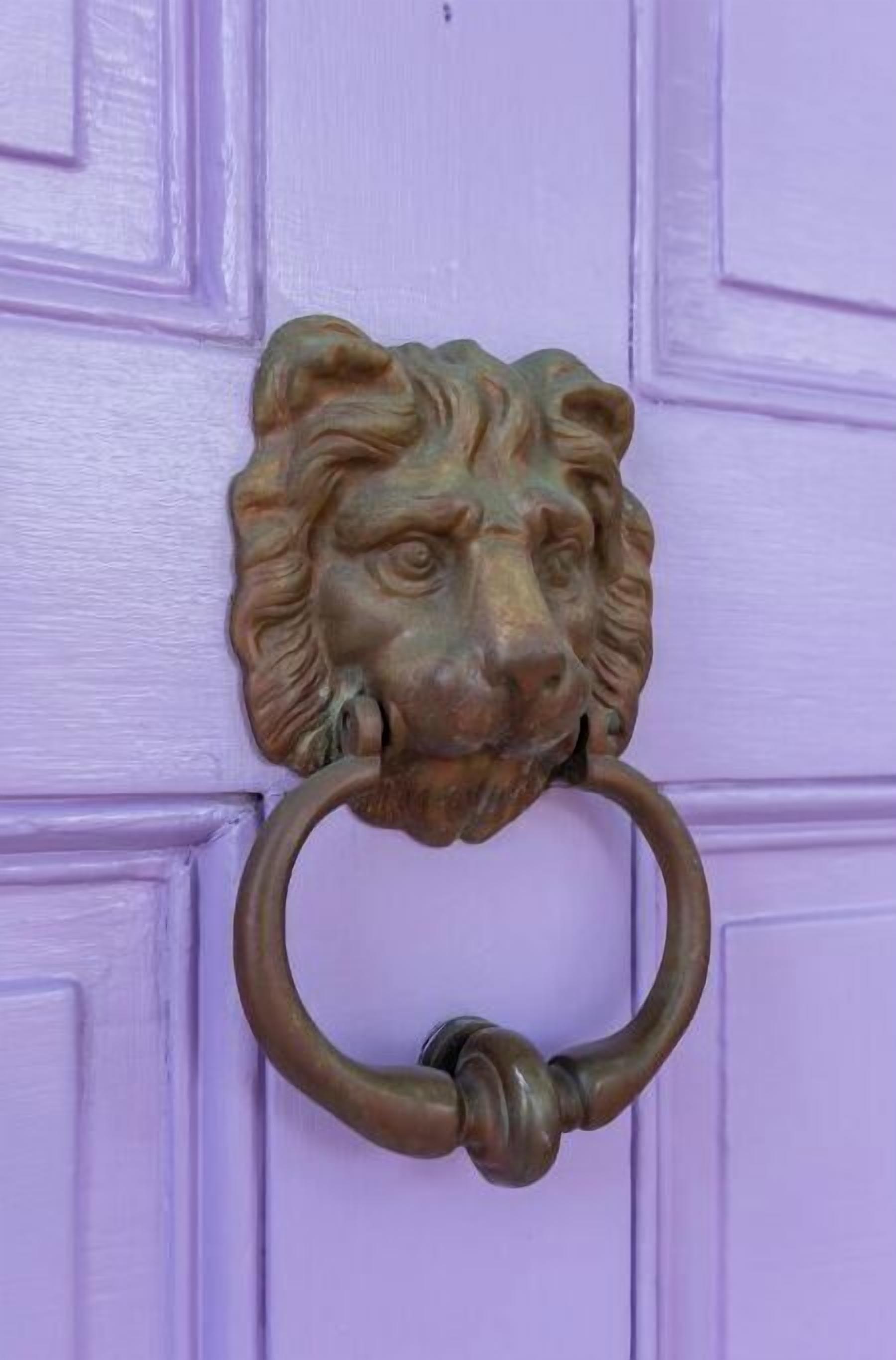 Una puerta con un llamador con cabeza de león y un tirador de aro.