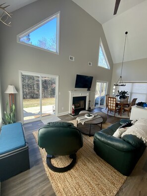 Smart TV, fireplace, books, computer monitors