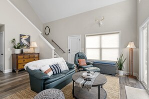 Smart TV, fireplace, books, computer monitors