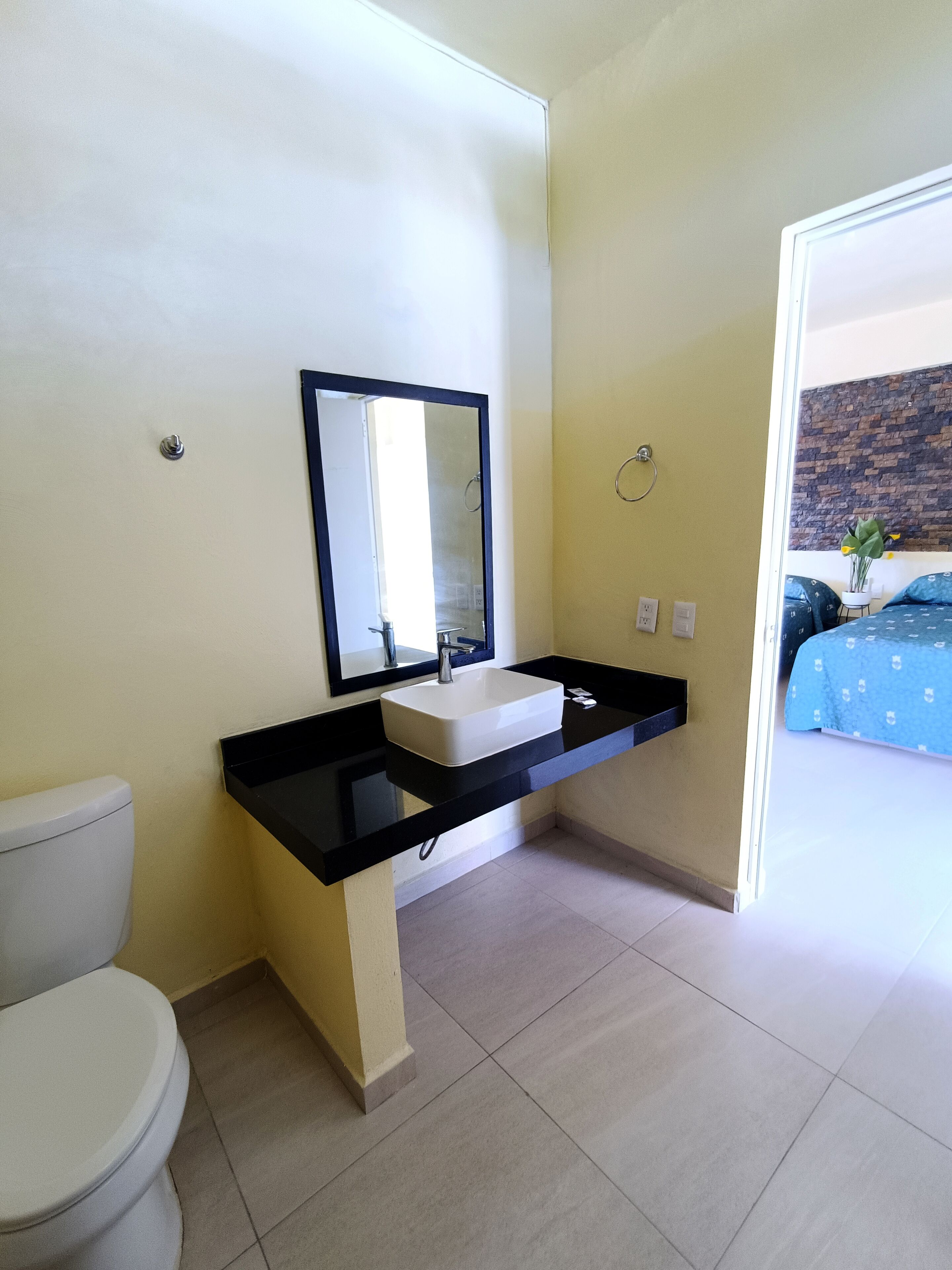 Un baño con inodoro blanco, encimera negra, lavabo blanco y espejo.