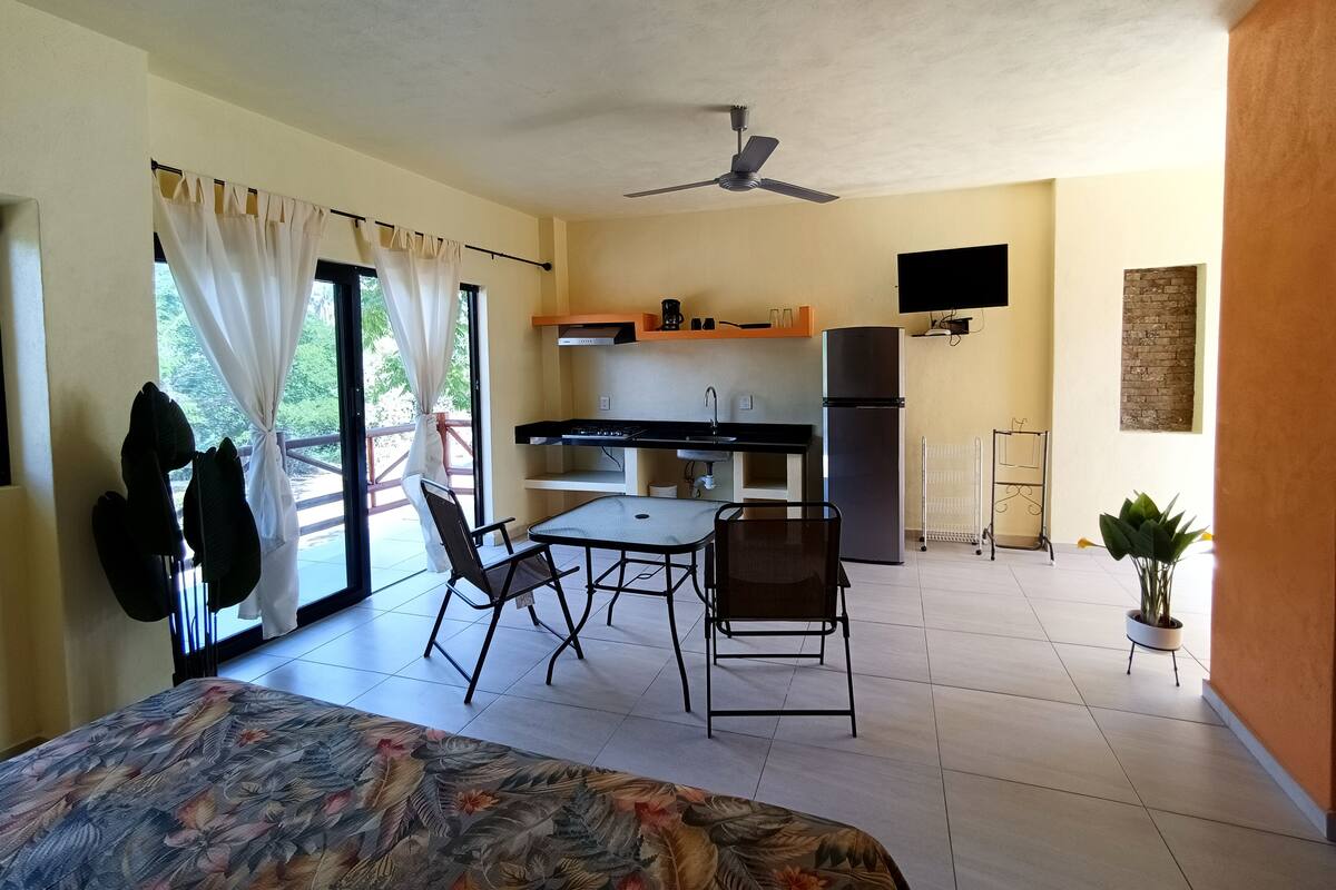 A compact room with a bed, a dining table with chairs, a kitchenette, a ceiling fan, and a potted plant.