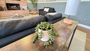 En stue med sofa, sofabord med plante, pejs, fjernsyn og lampe.