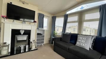 Smart TV, fireplace, video games, DVD player