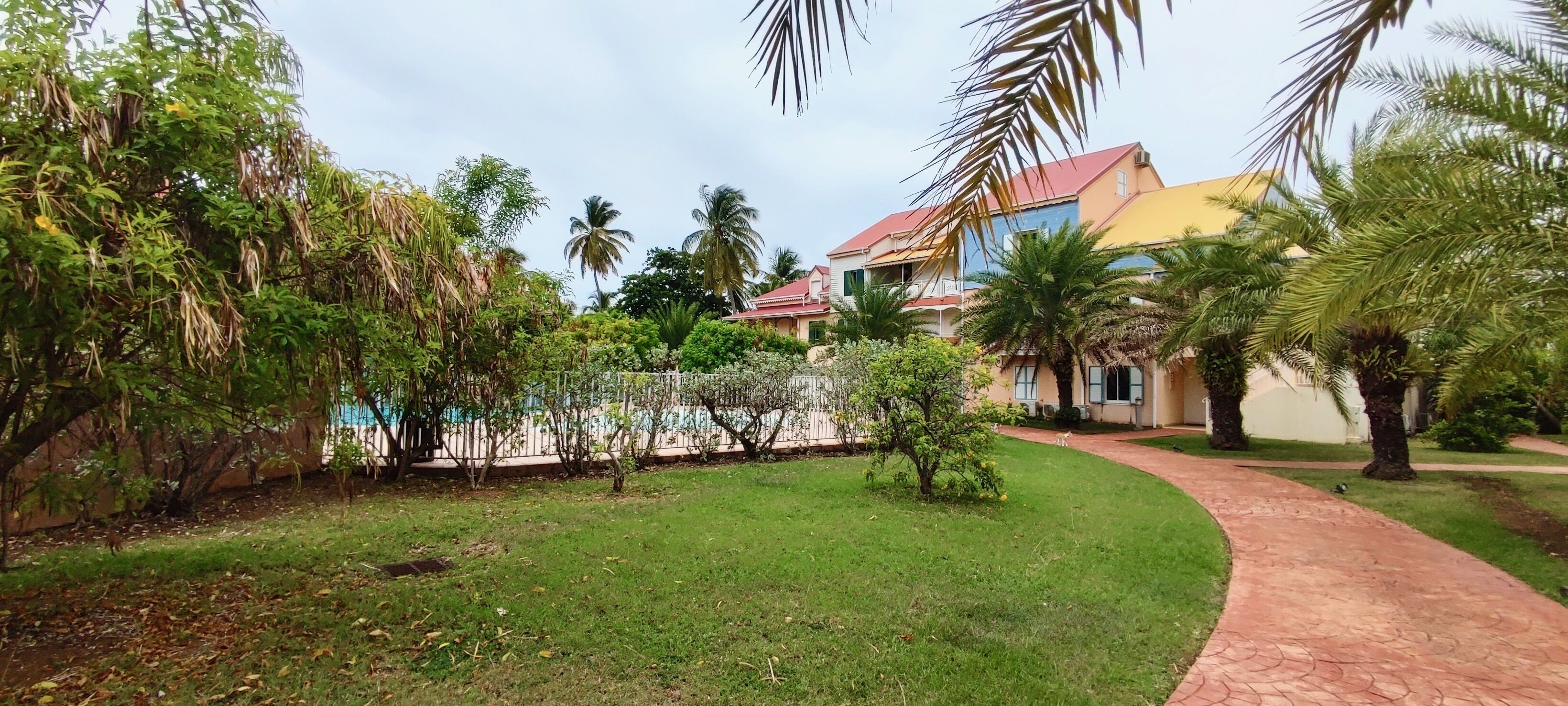 A residential area with a pathway, lush greenery, and houses with red roofs.