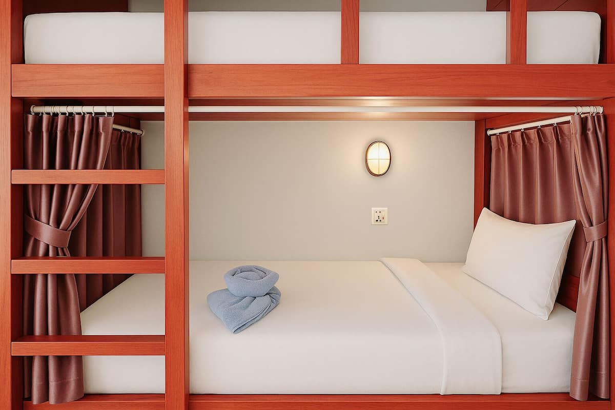 Ein Stockbett mit Kopfteil, ein Nachttisch und eine Wandleuchte.