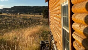 A log cabin with a window overlooking a grassy field and distant hills.