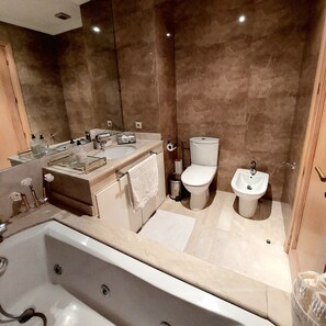 Bathtub, jetted tub, hair dryer, bidet