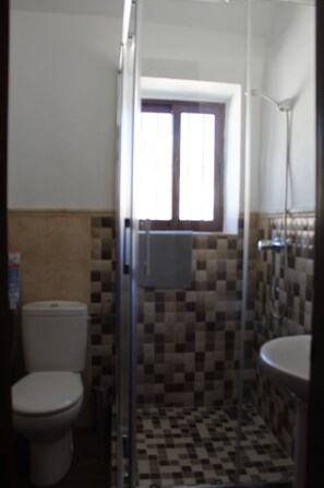 Shower, hair dryer, towels, toilet paper