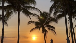 Een strandlandschap met palmbomen, zon en oceaan bij zonsondergang.