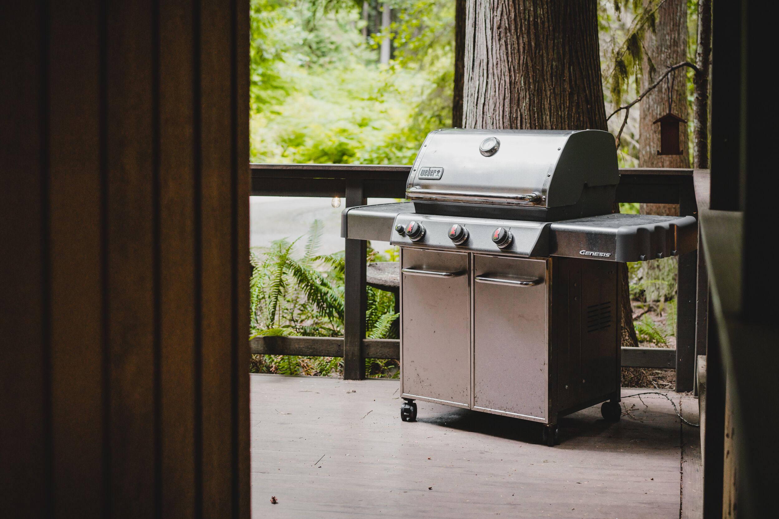 Ein mobiler Genesis-Grill auf Rädern, platziert auf einer Holzterrasse mit Blick auf üppiges Grün.