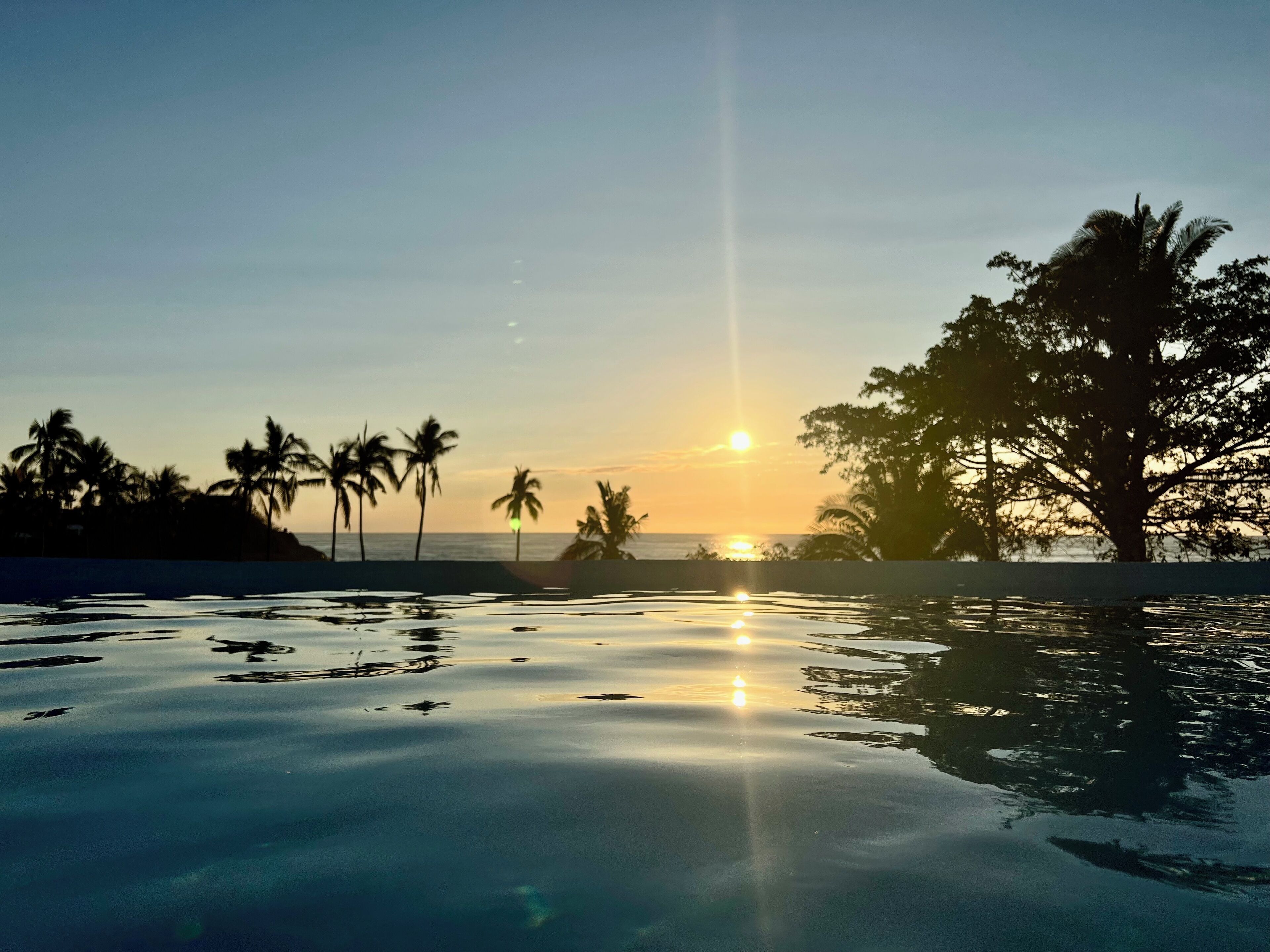 Un coucher de soleil sur un plan d’eau paisible, bordé de palmiers et avec une côte lointaine à l’horizon.