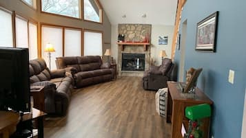 Smart TV, fireplace, video games, DVD player