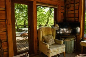 Fernseher, Kamin, Bücher, Stereoanlage