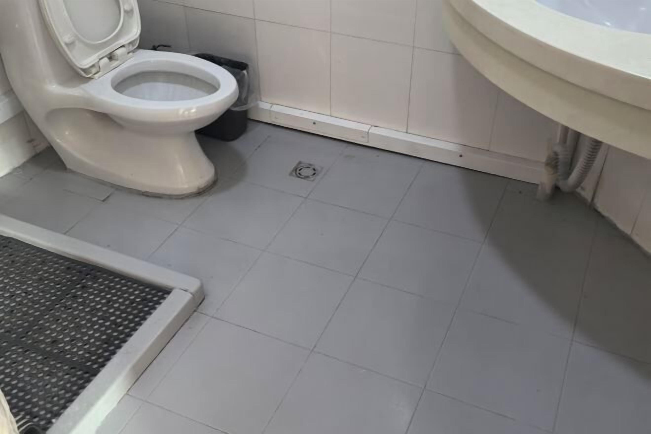 Een badkamer met een toilet, een wastafel en een afvoer.