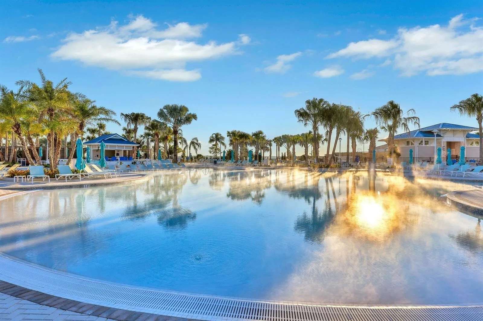 Une piscine entourée de palmiers et d’immeubles, avec des chaises longues et des parasols.