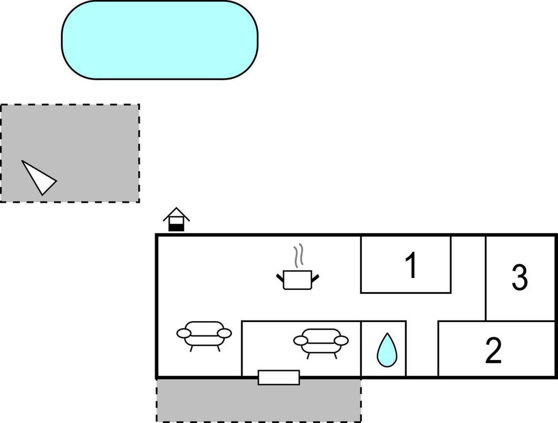 A hotel room layout with a living area, a bathroom, and a kitchen.