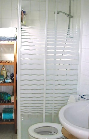 Un baño con ducha, inodoro y un estante con artículos de aseo.