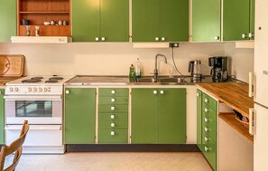 Kühlschrank, Ofen, Herdplatte, Wasserkocher mit Kaffee-/Teezubehör