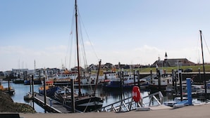 A marina with various boats docked, a church with a steeple in the background, and a clear sky.