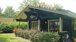 A wooden house with a sloped roof, a covered porch, and a well-maintained garden with various shrubs and a lawn. - Amazing Home in Hulshorst With 3 Bedrooms and Wifi (Hulshorst)