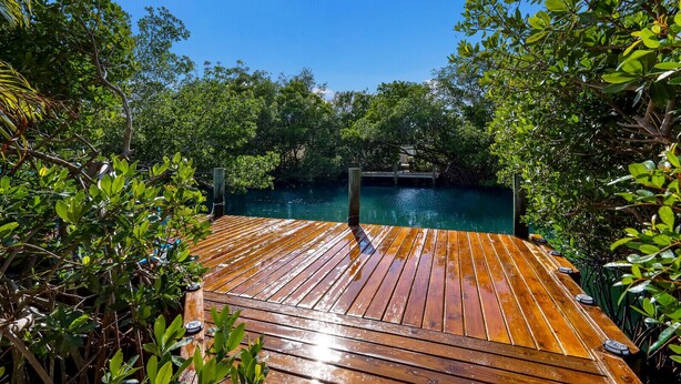 Eine Holzterrasse mit Blick auf ruhiges Wasser, umgeben von dichtem Grün.