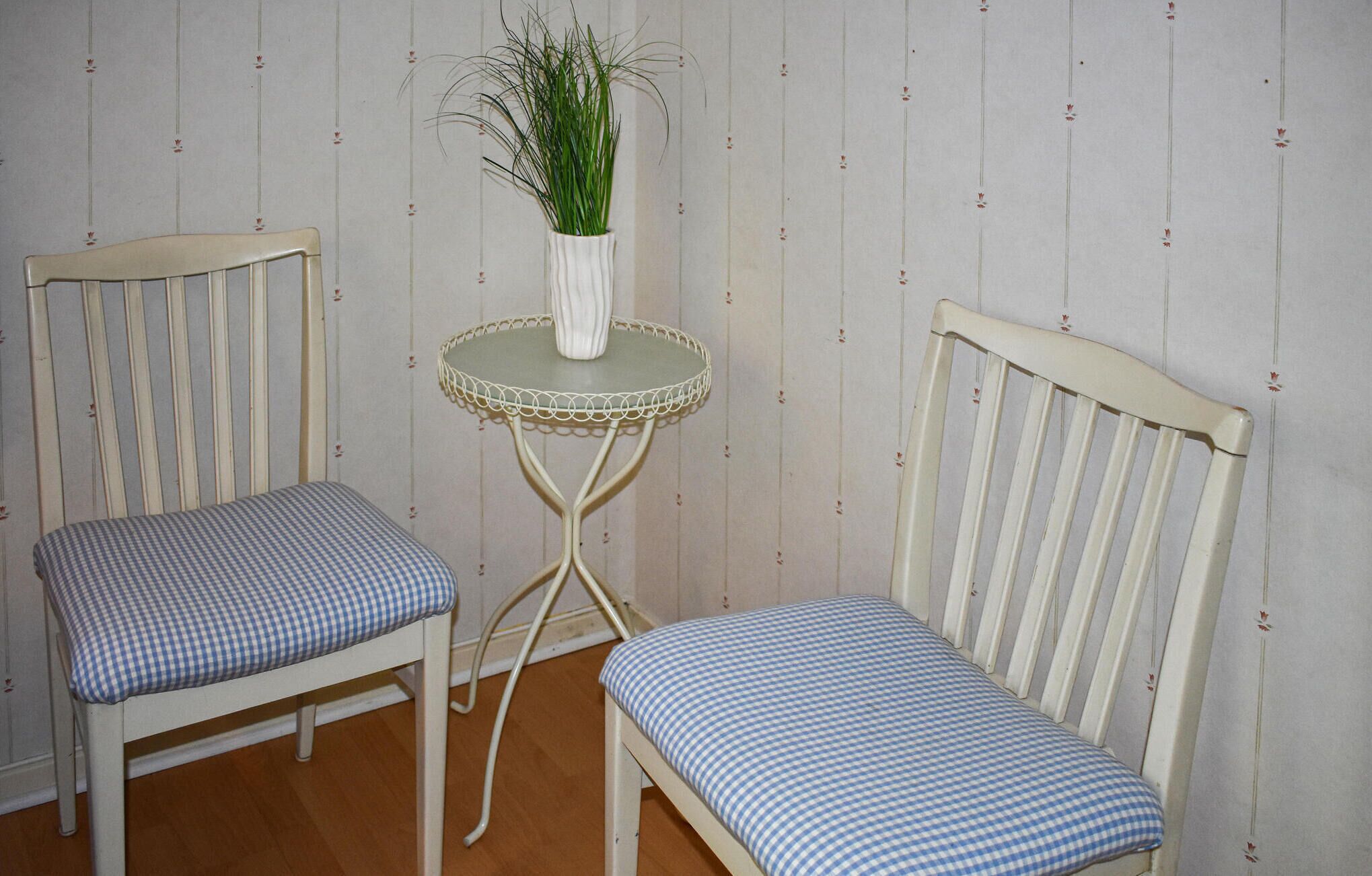 Twee witte houten stoelen met blauw geruit kussen, een witte tafel met een groene bladplaat en een witte vaas met groene planten.