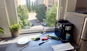Fridge, electric kettle, toaster, cookware/dishes/utensils