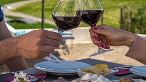 A table set for a meal with various cheeses, meats, and a bottle of wine, outdoors with a house in the background. - Borgo Elissa (Certaldo)