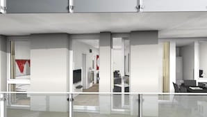 A modern apartment with a glass balcony, a kitchen, and a dining area. - Awesome Apartment in Lübeck Travemünde With 3 Bedrooms, Sauna and Wifi (Lübeck)